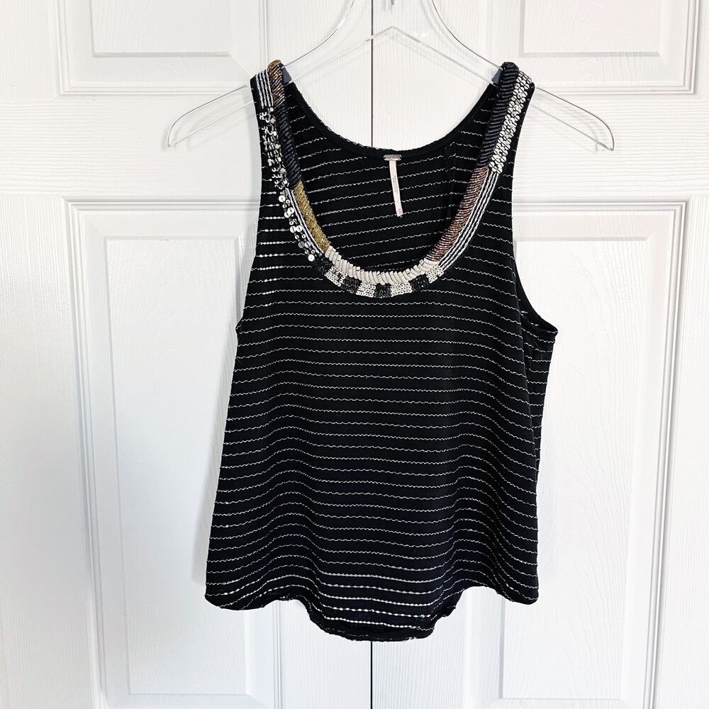 Free People Aztec Louie Beaded Split Back Tank Top Black Boho Festival Y2K Indie